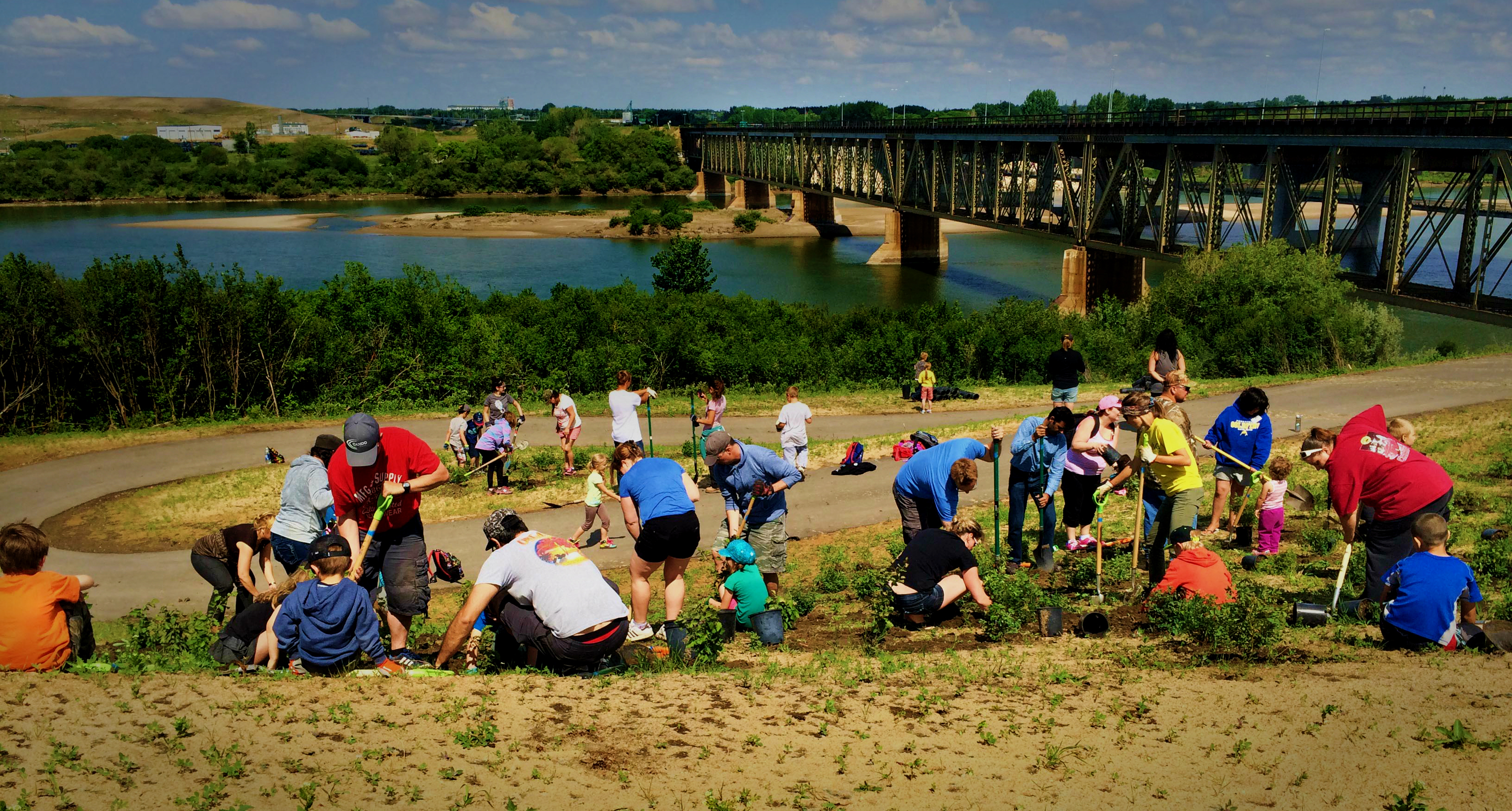 A group of people planting trees, with train tracks in the background.