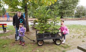 Young family pulling wagon with young trees.