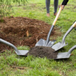 http://Four%20people%20holding%20shovels%20in%20a%20circle%20holding%20dirt.