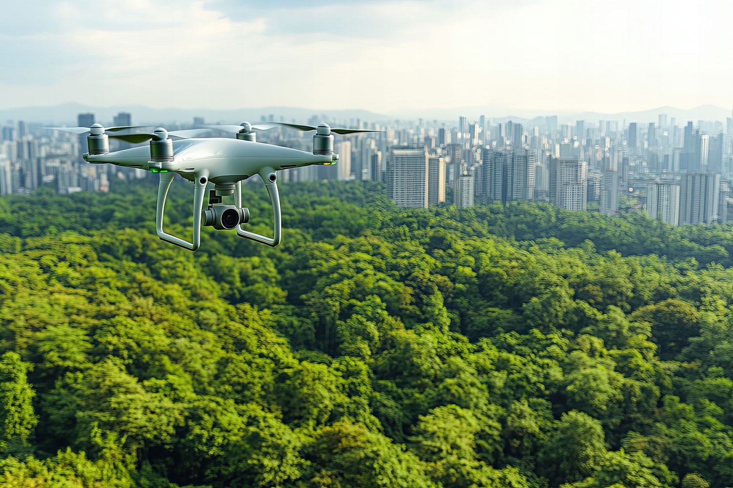 Drone survolant une forêt verdoyante. On voit l’horizon d’une ville en arrière-plan.