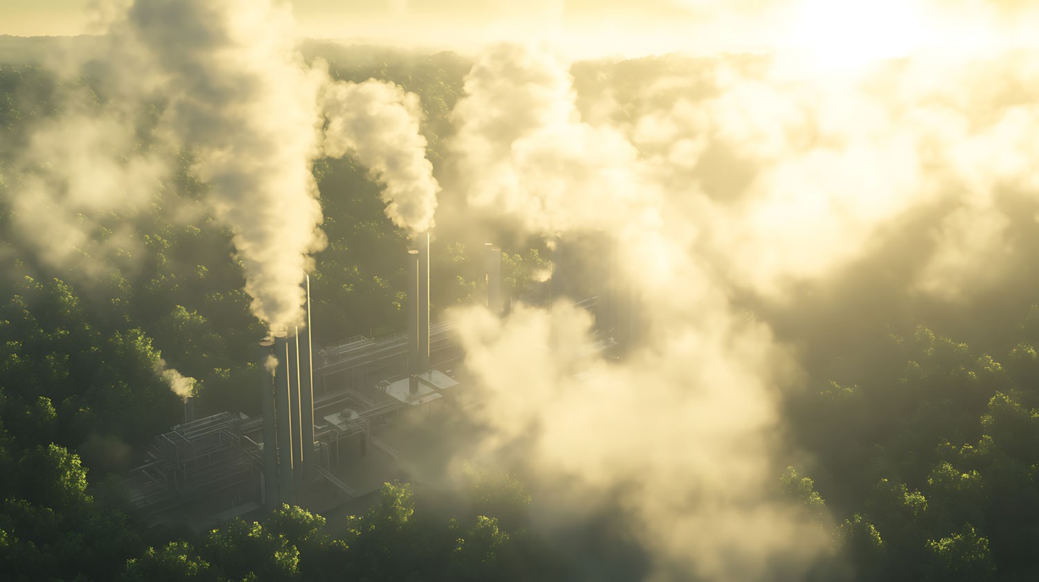 Vue aérienne de la fumée s’élevant de cheminées industrielles au milieu d’arbres.