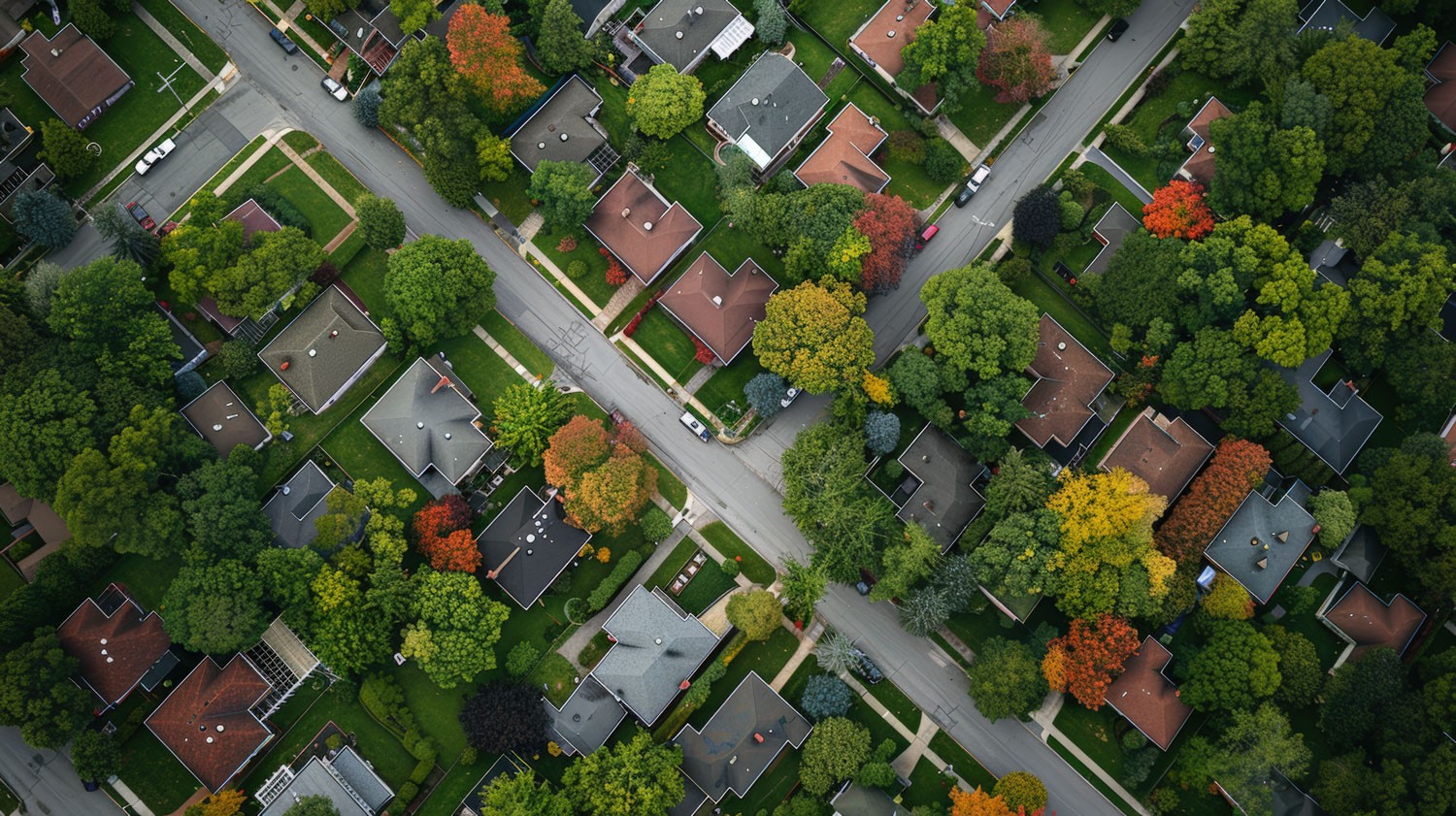 Vue aérienne d’un quartier de banlieue avec du feuillage d’automne.